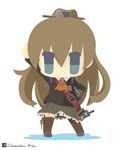  artist_name ascot bad_id bad_pixiv_id blue_eyes brown_hair chameleon_man_(three) chibi flat_color hair_ornament kantai_collection kumano_(kantai_collection) long_hair looking_at_viewer pleated_skirt ponytail school_uniform skirt solo thighhighs thumbs_up 