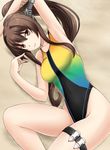  alternate_costume arm_up armpits breasts brown_eyes brown_hair competition_swimsuit covered_navel fuuma_nagi kantai_collection long_hair looking_at_viewer lying medium_breasts on_back one-piece_swimsuit smile solo speedo_(company) swimsuit thigh_strap yamato_(kantai_collection) 