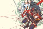  akakeru black_hair breasts highres junketsu kill_la_kill kiryuuin_satsuki life_fiber matoi_ryuuko medium_breasts multicolored_hair multiple_girls red_hair scissor_blade senketsu sword thighhighs two-tone_hair underboob weapon 