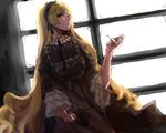  backlighting blonde_hair chin_strap dutch_angle gosick gothic_lolita green_eyes hairband highres hihiko holding lolita_fashion lolita_hairband long_hair pipe sideways_glance solo very_long_hair victorica_de_blois wide_sleeves window 