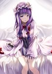  bow capelet crescent curtains dress hair_bow hair_ornament hat hat_bow kyon_(fuuran) long_hair long_sleeves looking_at_viewer mob_cap on_bed parted_lips patchouli_knowledge purple_eyes purple_hair sitting solo striped striped_dress touhou wide_sleeves 