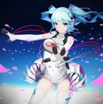  &gt;:) blue_eyes blue_hair breasts cleavage cowboy_shot elbow_gloves ello gloves goodsmile_racing hatsune_miku headphones highres long_hair looking_at_viewer medium_breasts petals racing_miku smile solo thighhighs twintails v-shaped_eyebrows vocaloid white_gloves white_legwear wind 