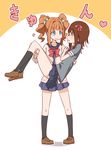  amami_haruka banned_artist blue_eyes blush brown_hair carrying ekusiregaia hair_bobbles hair_ornament heart idolmaster idolmaster_(classic) multiple_girls open_mouth orange_hair pigeon-toed princess_carry school_uniform smile sparkle takatsuki_yayoi twintails 