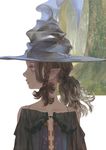  bare_shoulders braid brown_hair hat looking_away matayoshi original pointy_ears ponytail profile solo tree wavy_hair witch_hat 