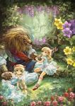  blonde_hair blue_eyes dress flower lion long_hair miyai_haruki multiple_girls original scenery wisteria 