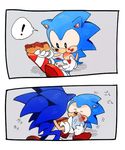 2boys bad_id bad_pixiv_id chiro_(pez777) comic dual_persona eating food food_on_face furry gloves hot_dog male_focus multiple_boys napkin one_knee sitting sonic sonic_the_hedgehog speech_bubble tail younger 