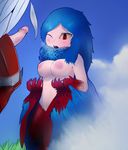  avian blue_hair breasts cum cum_on_breasts cum_on_face cum_on_hands feathers female hair harpy male navel nipples outside penis plantpenetrator red_eyes terraria wings 