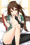  anza_tomo bad_id bad_pixiv_id black_gloves black_legwear blush breasts brown_hair collarbone elbow_gloves gloves green_eyes hair_ribbon highres kantai_collection long_hair no_panties on_bed open_clothes open_shirt parody pelvic_curtain remodel_(kantai_collection) ribbon shirt single_glove single_thighhigh sitting small_breasts solo thighhighs tone_(kantai_collection) twintails white_ribbon 