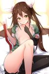  anza_tomo bad_id bad_pixiv_id black_gloves black_legwear blush brown_hair collarbone elbow_gloves gloves green_eyes hair_ribbon kantai_collection long_hair no_panties on_bed open_clothes open_shirt parody pelvic_curtain remodel_(kantai_collection) ribbon shirt single_glove single_thighhigh sitting solo thighhighs tone_(kantai_collection) twintails white_ribbon 