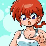  1girl blue_eyes breasts bust cleavage genderswap open_mouth pointing ranma-chan ranma_1/2 red_hair saotome_ranma solo tank_top upper_body wantan-orz 