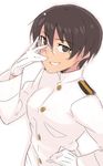  black_eyes black_hair em glasses gloves military military_uniform short_hair smile solo uniform wakamoto_tetsuko world_witches_series 