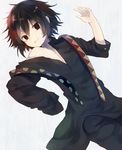  androgynous black_hair hair_ornament hairclip highres kinakomotitaberu loose_clothes loose_shirt lying male_focus necktie older red_eyes shirt smile solo stitches suzuya_juuzou tokyo_ghoul tokyo_ghoul:re 