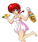  apron bangs barefoot blue_eyes bottle braid breasts choko_(20040421) cleavage food genderswap genderswap_(mtf) heart holding ketchup leg_up long_hair looking_at_viewer medium_breasts naked_apron omurice open_mouth pink_apron plate ranma-chan ranma_1/2 red_hair sake_bottle saotome_ranma simple_background single_braid smile solo standing standing_on_one_leg translated white_background 
