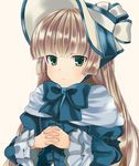 bad_id bad_pixiv_id bangs blonde_hair blue_dress blunt_bangs bonnet bow bowtie capelet dress frilled_sleeves frills gosick gothic_lolita green_eyes hands_clasped hime_cut interlocked_fingers light_smile lolita_fashion long_hair long_sleeves looking_at_viewer own_hands_together puffy_long_sleeves puffy_sleeves solo tooda_riko upper_body victorica_de_blois white_background wide_sleeves 