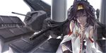  ahoge black_hair blue_eyes cannon character_name detached_sleeves futami_kito hairband highres japan_maritime_self-defense_force japan_self-defense_force kantai_collection kongou_(jmsdf) kongou_(kantai_collection) long_hair looking_at_viewer military nontraditional_miko phalanx_ciws simple_background solo united_nations white_background wide_sleeves 