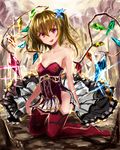  alternate_costume bare_shoulders blonde_hair crystal dress fangs flandre_scarlet frills hair_ornament kneeling looking_at_viewer no_hat no_headwear no_panties open_mouth red_eyes red_legwear rinaka_moruchi short_dress short_hair smile solo sparkle strapless strapless_dress thighhighs touhou wings 
