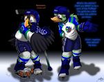  2014 avian bird catmonkshiro clothing duck hockey hockey_stick ice male pheagle puffin torn_clothing transformation uniform 