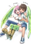  1girl aqua_eyes bad_id bad_pixiv_id blush breast_fondle brown_hair feathered_wings feathers green_wings harpy harpy_(nukomasu) head_feathers heart hetero monster_girl nejitsu_(nukomasu) nukomasu original pink_hair shirt simple_background sitting sitting_on_person spoken_heart t-shirt talons translation_request white_background wings 