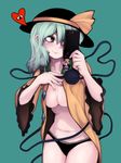  breasts cellphone character_doll cleavage dress_shirt eyeball green_background green_eyes green_hair hat hat_ribbon heart komeiji_koishi komeiji_satori long_sleeves medium_breasts midriff navel no_bra opagi open_clothes open_shirt panties phone ribbon self_shot shirt short_hair simple_background smile solo string third_eye touhou underwear wide_sleeves 