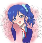  1girl aikatsu! aikatsu!_(series) bangs blue_eyes blue_hair blue_scrunchie blush floral_background flower hetero highres hirota_masatane kiriya_aoi long_hair neck_ribbon open_mouth penis penis_awe penis_on_face red_ribbon ribbon school_uniform scrunchie side_ponytail sidelocks smile solo_focus starlight_academy_uniform swept_bangs upper_body 