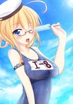  ;p ahoge blue_eyes blush breasts cloud day food glasses hat highres i-8_(kantai_collection) kantai_collection looking_at_viewer medium_breasts nugi_(armenci) one-piece_swimsuit one_eye_closed popsicle red-framed_eyewear school_swimsuit semi-rimless_eyewear sexually_suggestive sky solo swimsuit tongue tongue_out under-rim_eyewear wet 
