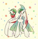  cape dress flower gallade gardevoir gen_3_pokemon gen_4_pokemon heart horns mega_gallade mega_gardevoir mega_pokemon no_humans pokemon pokemon_(creature) red_eyes shiwo_(siwosi) smile spikes weapon 