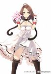  ahoge ass_visible_through_thighs black_legwear breasts brown_eyes brown_hair cowboy_shot dress gloves hair_ornament hairclip keypot large_breasts long_hair looking_at_viewer million_chain official_art smile solo thighhighs white_background white_dress 