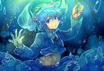  blue_eyes blue_hair hair_bobbles hair_ornament hat kawashiro_nitori looking_at_viewer navel open_mouth sketch solo submerged touhou two_side_up underwater yetworldview_kaze 