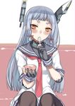  blue_hair deras eating fingerless_gloves food gloves hair_ribbon headgear ice_cream kantai_collection long_hair looking_at_viewer murakumo_(kantai_collection) orange_eyes pantyhose ribbon short_eyebrows sitting solo spoon spoon_in_mouth 