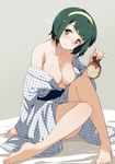  areola_slip areolae bare_legs barefoot blush bottle breasts brown_hair green_hair hairband head_tilt houndstooth idolmaster idolmaster_(classic) inue_shinsuke japanese_clothes kimono looking_at_viewer medium_breasts mole mole_under_mouth off_shoulder otonashi_kotori partially_undressed sake_bottle short_hair smile solo yellow_hairband yukata 