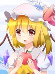  :o absurdres apple ascot blonde_hair fang flandre_scarlet food fruit hat hat_ribbon highres mob_cap open_mouth puffy_short_sleeves puffy_sleeves red_eyes ribbon short_sleeves side_ponytail solo torizaki_kuyuri touhou upper_body wings 