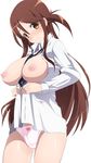  between_breasts blush breasts breasts_outside brown_hair cowboy_shot dress_shirt highres iida_nana kiiro_no_nantoka large_breasts long_hair looking_at_viewer nipples no_pants panties pink_panties rail_wars! shirt smile solo underwear very_long_hair white_background 