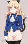  animal_ears bangs blonde_hair blunt_bangs blush cat_ears cat_tail cowboy_shot em glasses gloves highres long_hair looking_at_viewer military military_uniform panties panties_under_pantyhose panty_pull pantyhose pantyhose_pull perrine_h_clostermann pubic_hair pussy solo strike_witches sweat tail uncensored underwear uniform white_gloves world_witches_series yellow_eyes 