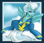  absurd_res bedroom_eyes blue_fur camel_toe clothed clothing cloud equine feathers female fingers fleetfoot_(mlp) friendship_is_magic fur hair hi_res hooves horse looking_at_viewer mammal my_little_pony outside pegasus pony presenting purple_eyes sitting skuttz smile solo uniform white_hair wings wonderbolts_(mlp) wonderbolts_uniform 