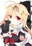  absurdres blonde_hair bow cat hair_bow hair_flaps hair_ornament hair_ribbon hairclip highres kantai_collection kokutou_(mimikinngu) looking_at_viewer machinery red_eyes remodel_(kantai_collection) ribbon school_uniform serafuku smile yuudachi_(kantai_collection) 