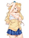  arm_up armpits asymmetrical_hair blue_ribbon blush breasts breasts_outside cardigan commentary_request covering covering_breasts deep_skin galko green_eyes gyaru hair_ornament hair_ribbon jpeg_artifacts kogal kure_masahiro large_breasts long_hair no_bra one_side_up open_clothes oshiete!_galko-chan ribbon scrunchie side_bun skirt solo twintails 