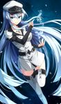  akame_ga_kill! blue_eyes blue_hair boots breasts esdeath hat highres ice long_hair looking_at_viewer medium_breasts military peaked_cap rin_yuu solo standing standing_on_one_leg tattoo thigh_boots thighhighs very_long_hair white_legwear zettai_ryouiki 