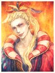  1boy blonde_hair blue_eyes boojum cefca_palazzo clown final_fantasy final_fantasy_vi lipstick long_hair looking_at_viewer makeup male male_focus ponytail smile solo 
