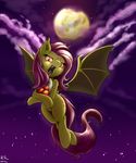  2014 apple bat_pony cutie_mark equine fangs female feral fluttershy_(mlp) flying friendship_is_magic fruit hair mammal moon my_little_pony outside pink_hair renatetherat solo wings 