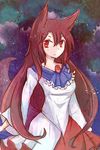  animal_ears bad_id bad_pixiv_id breasts brooch brown_hair dress forest imaizumi_kagerou jewelry long_hair long_sleeves looking_at_viewer medium_breasts nature red_eyes satorichan sky solo star star_(sky) starry_sky tail touhou wolf_ears wolf_tail 