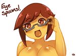  blush breasts brown_hair cleavage food glasses large_breasts lightsource monster_girl nude original personification pudding red_eyes semi-rimless_eyewear short_hair solo under-rim_eyewear upper_body yellow_skin 