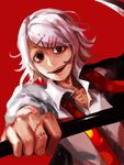  androgynous hair_ornament hairclip loose_clothes loose_shirt male_focus necktie red_background red_eyes scythe shirt smile solo stitches suzuya_juuzou tokyo_ghoul weapon white_hair 