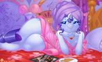  0r0ch1 2014 anthro anthrofied bed blue_eyes cutie_mark equine eyeshadow female friendship_is_magic fur hair half-closed_eyes horn inside looking_at_viewer makeup mammal my_little_pony on_bed pillow plate purple_hair rarity_(mlp) solo unicorn white_fur 