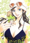  1boy 1girl :d black_hair blue_eyes blush_stickers breasts cleavage dress dressrosa dwarf hat large_breasts leo_(one_piece) long_hair looking_at_viewer nico_robin one_piece open_mouth rio-sa smile sunglasses sunglasses_on_head 