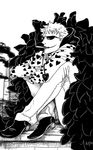  1boy cigarette corazon corazon_(one_piece) donquixote_rocinante feather_boa greyscale heart_print male male_focus monochrome one_piece rej11 sitting smoke smoking solo sunglasses 