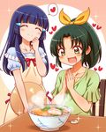  :d ^_^ aoki_reika apron blue_hair blush chopsticks closed_eyes drooling food green_eyes green_hair green_shirt hands_together heart kitsune_udon kuga_yoshito long_hair midorikawa_nao multiple_girls noodles open_mouth ponytail precure saliva shirt short_hair smile smile_precure! sparkle udon 