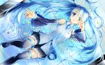  aaru blue_eyes blue_hair boots detached_sleeves hatsune_miku long_hair lying marble necktie on_back skirt solo thigh_boots thighhighs twintails very_long_hair vocaloid 