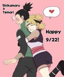  1boy 1girl black_hair blonde_hair blush character_name dated eyes_closed fishnets flak_jacket forehead_protector grin headband heart hug hug_from_behind jjj_(dbsgh8573) nara_shikamaru naruto quad_tails shocked smile surprised temari 