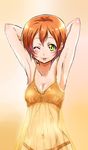  ;p armpits arms_behind_head arms_up blush bra cowboy_shot highres hoshizora_rin lingerie looking_at_viewer love_live! love_live!_school_idol_project navel negligee one_eye_closed orange_background orange_bra orange_panties panties shogo_(4274732) short_hair solo tongue tongue_out underwear underwear_only yellow_eyes 