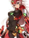  alpha-01 blazblue bodysuit breasts crotch_plate forehead_protector genderswap genderswap_(mtf) green_eyes heterochromia long_hair looking_at_viewer mecha_musume medium_breasts navel ragna_the_bloodedge red_eyes silver_hair tomo_(tomorag7) 